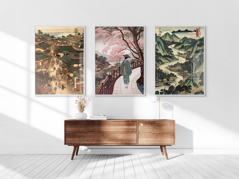 Japanese Vintage Ukiyo-e Art Printable Set of 3, Traditional Woodblock Wall Art, Living Room Art, Above Bed Decor, Digital Set, Gallery Set image 1