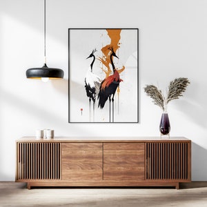 Japanese Cranes Set of 3 Prints, Modern Ukiyo-e Wall Art, Living Room Art, Above Bed Decor, 3 Panel Print Set, Gallery Wall Set image 3