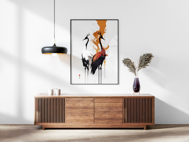 Japanese Cranes Set of 3 Prints, Modern Ukiyo-e Wall Art, Living Room Art, Above Bed Decor, 3 Panel Print Set, Gallery Wall Set image 3