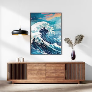 The Great Wave off Kanagawa Reimagined, Printable Set of 3, Modern Ukiyo-e Wall Art, Living Room Decor, Japanese Posters, Triptych Wall Set image 4