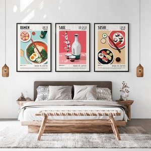 Japanese Cuisine Set of 3 Prints, Sushi, Ramen, Sake, Living Room Art, Kitchen Decor, Retro Japan Food Posters, Japanese Dishes, Gallery Set image 6