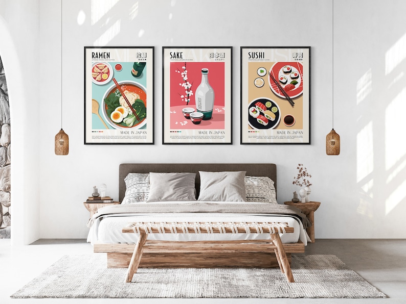 Japanese Cuisine Set of 3 Prints, Sushi, Ramen, Sake, Living Room Art, Kitchen Decor, Retro Japan Food Posters, Japanese Dishes, Gallery Set image 6