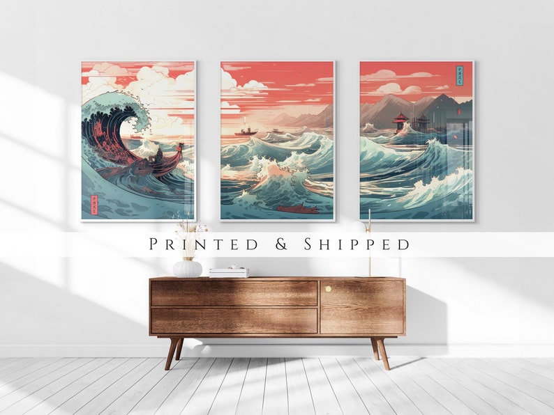 The Great Wave off Kanagawa Reimagined Set of 3 Prints, Modern Ukiyo-e Wall Art, Living Room Art, Above Bed Decor, Triptych Set, Gallery Set image 1