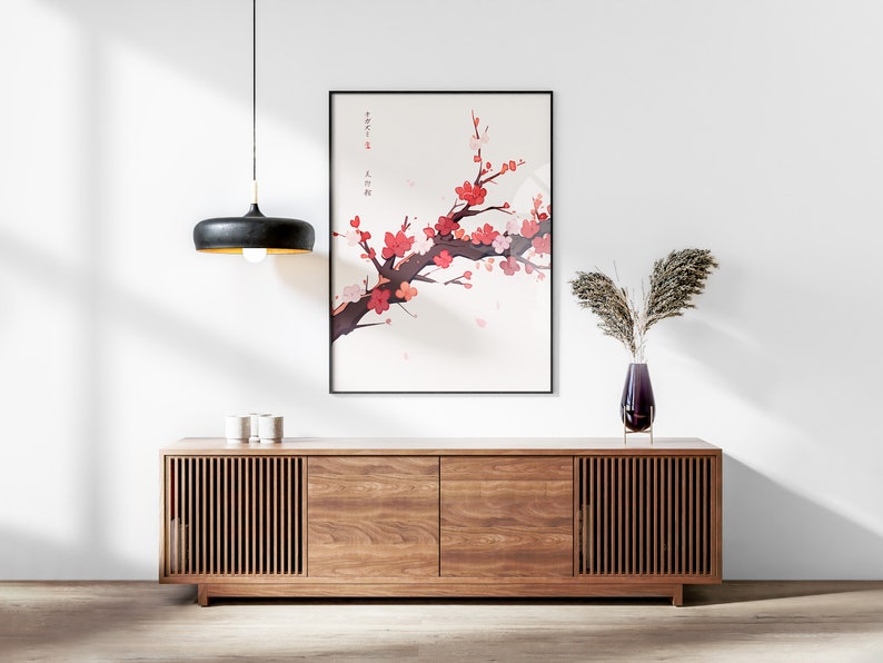 Japanese Sakura Cherry Blossom & Swallow, Printable Set of 3, Modern Ukiyo-e Wall Art, Japan Decor, Anime Manga Set, Triptych Posters image 2