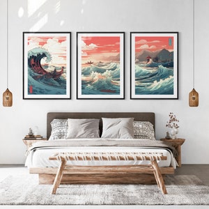 The Great Wave off Kanagawa Reimagined Set of 3 Prints, Modern Ukiyo-e Wall Art, Living Room Art, Above Bed Decor, Triptych Set, Gallery Set image 2