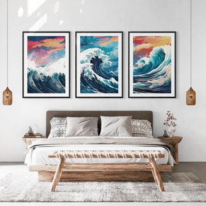The Great Wave off Kanagawa Reimagined, Printable Set of 3, Modern Ukiyo-e Wall Art, Living Room Decor, Japanese Posters, Triptych Wall Set image 6