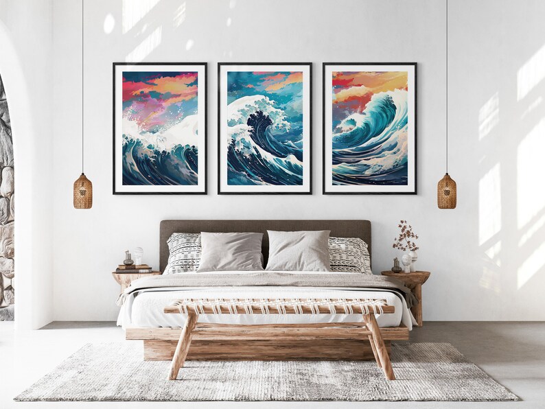 The Great Wave off Kanagawa Reimagined, Printable Set of 3, Modern Ukiyo-e Wall Art, Living Room Decor, Japanese Posters, Triptych Wall Set image 6