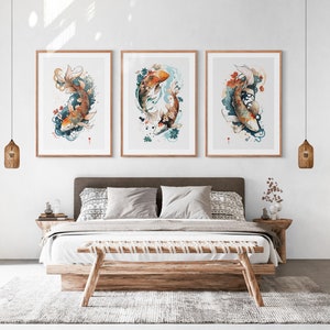 Japanese Koi Fish Set of 3 Prints, Abstract Wall Art, Living Room Art, Above Bed Decor, 3 Panel Print Set, Gallery Wall Set image 9