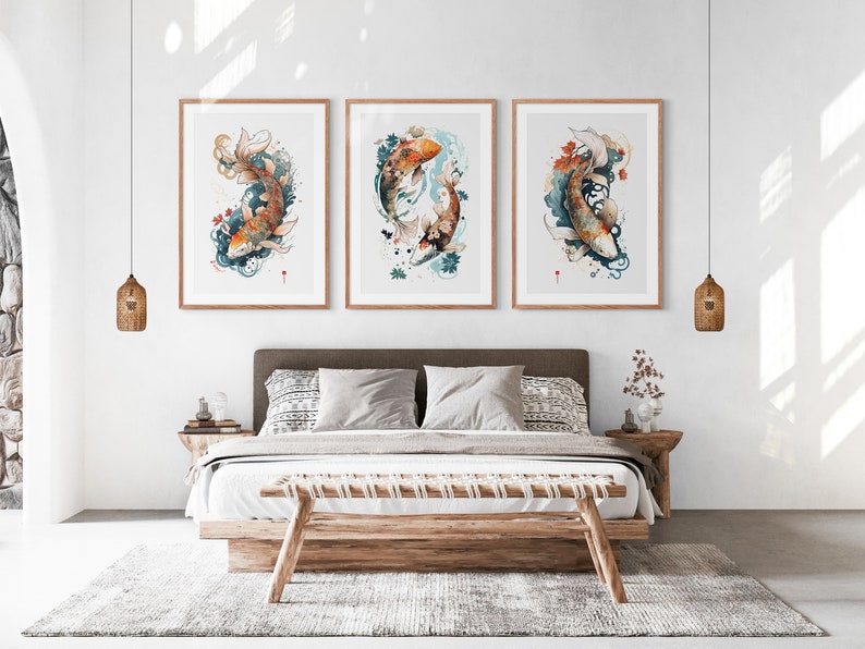 Japanese Koi Fish Set of 3 Prints, Abstract Wall Art, Living Room Art, Above Bed Decor, 3 Panel Print Set, Gallery Wall Set image 9