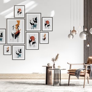 Japanese Cranes Printable Set of 3, Modern Ukiyo-e Wall Art, Living Room Art, Above Bed Decor, Birds Print, Gallery Wall Set image 3