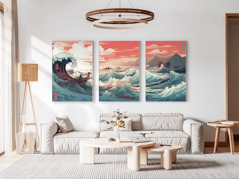 The Great Wave off Kanagawa Reimagined Set of 3 Prints, Modern Ukiyo-e Wall Art, Living Room Art, Above Bed Decor, Triptych Set, Gallery Set image 9