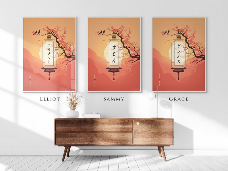 Votre nom en impression japonaise, poster personnalisé, soleil et lanterne ukiyo-e modernes, cadeau japonais, traduction katakana en japonais image 5