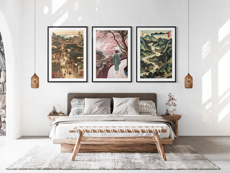 Japanese Vintage Ukiyo-e Art Printable Set of 3, Traditional Woodblock Wall Art, Living Room Art, Above Bed Decor, Digital Set, Gallery Set image 2