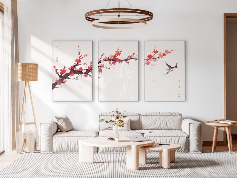 Japanese Sakura Cherry Blossom & Swallow, Printable Set of 3, Modern Ukiyo-e Wall Art, Japan Decor, Anime Manga Set, Triptych Posters image 9