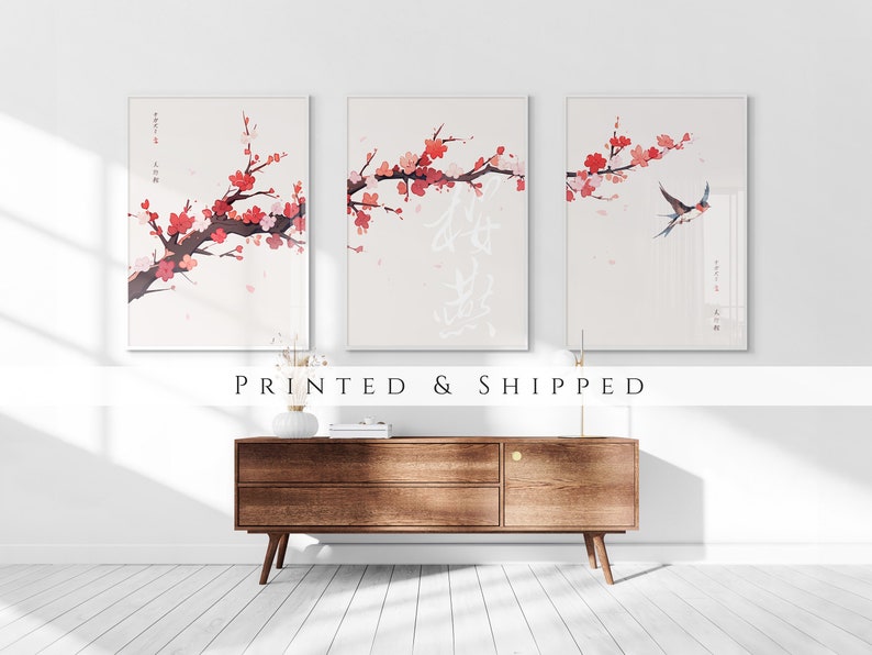 Japanese Sakura Cherry Blossom & Swallow Set of 3 Prints, Ukiyo-e Wall Art, Anime Set, Above Bed Decor, 3 Panel Print Set, Gallery Wall Set image 1