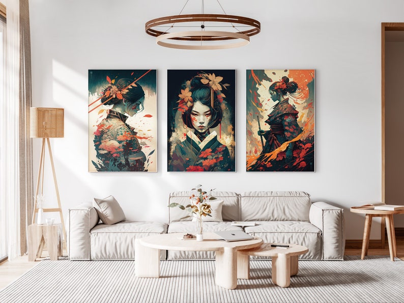 Samurai Warrior Printable Set of 3, Modern Ukiyo-e Wall Art, Living Room Art, Above Bed Decor, Digital Print Set, Gallery Wall Set, Anime image 2