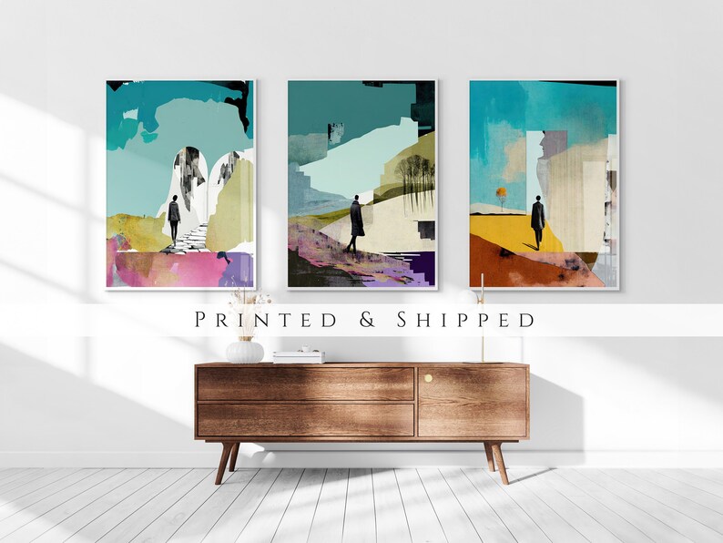 Abstract Collage Set of 3 Prints, Surreal Wall Art, Modern Living Room Art, Above Bed Decor, 3 Panel Print Set, Gallery Wall Set image 1