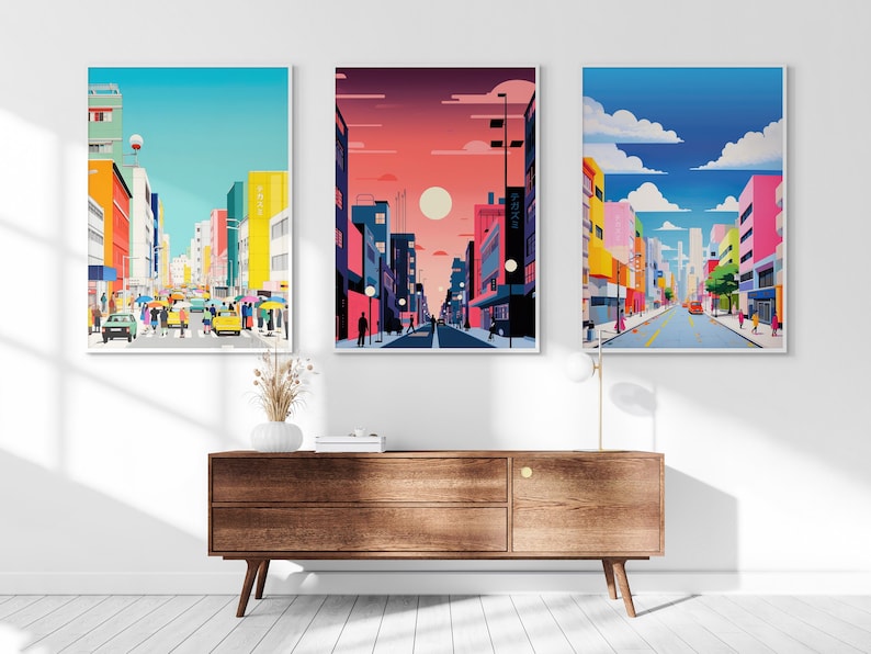 Tokyo Meridian Printable Set of 3, Modern Wall Art, Japanese Street Set, Living Room Art, Above Bed Decor, Digital Set, Anime Gallery Set image 1