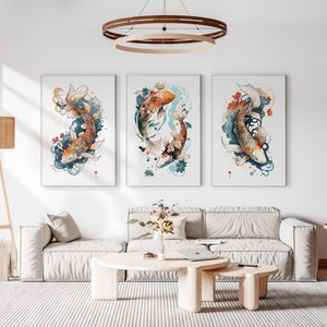 Japanese Koi Fish Set of 3 Prints, Abstract Wall Art, Living Room Art, Above Bed Decor, 3 Panel Print Set, Gallery Wall Set image 5