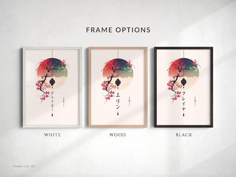 May include: Three framed art prints showcasing a Japanese-inspired design. Each print features a tree branch with cherry blossoms, a lantern, and a colorful circular background. The frames are white, wood, and black.
