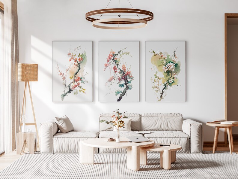 Japanese Watercolor Blossom Wall Art, Printable Set of 3, Ukiyo-e Wall Art, Living Room Art, Above Bed Decor, Digital Print Set, Gallery Set image 9