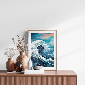 The Great Wave off Kanagawa Reimagined Set of 3 Prints, Modern Ukiyo-e Wall Art, Living Room Art, Above Bed Decor, Triptych Set, Gallery Set image 7