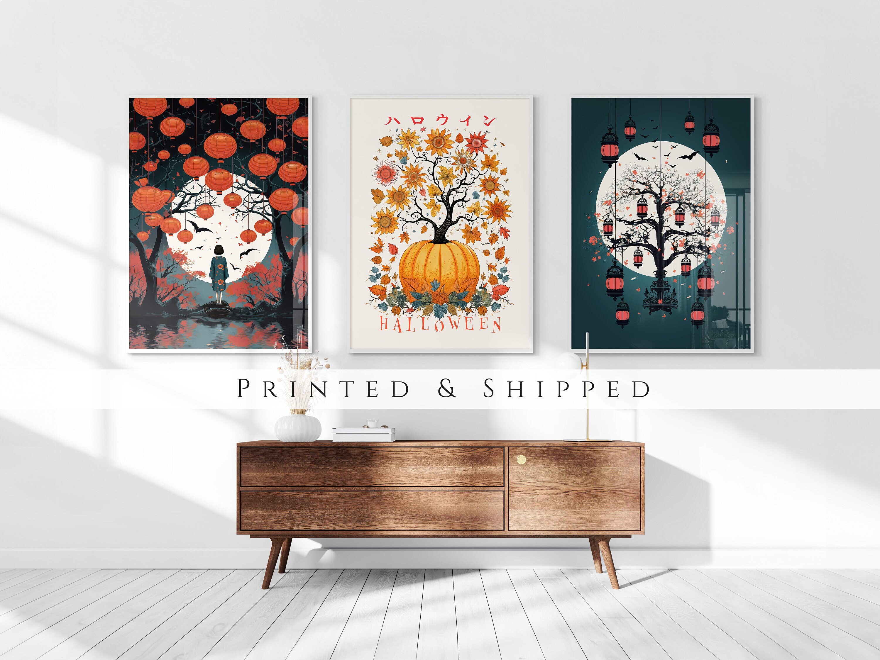 Halloween in Japan Set of 3 Prints, Ukiyo-e Wall Art, Pumpkin Lantern Bat Poster Set, Halloween Decor, Japanese Print Set, Spooky Season