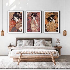 Art Nouveau Ukiyo-e Fashion Set of 3 Prints, Vintage Japan Wall Art, Living Room Art, Above Bed Decor, 3 Panel Print Set, Gallery Wall Set image 2