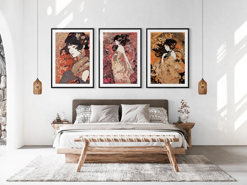 Art Nouveau Ukiyo-e Fashion Set of 3 Prints, Vintage Japan Wall Art, Living Room Art, Above Bed Decor, 3 Panel Print Set, Gallery Wall Set image 2