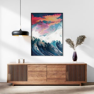 The Great Wave off Kanagawa Reimagined, Printable Set of 3, Modern Ukiyo-e Wall Art, Living Room Decor, Japanese Posters, Triptych Wall Set image 3