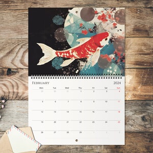 2024 Wall Calendar, Modern Japanese Ukiyo-e Designs, Monthly Planner, Koi Fish, Mount Fuji, Sakura, Japanese Wall Art image 4