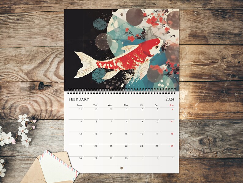 2024 Wall Calendar, Modern Japanese Ukiyo-e Designs, Monthly Planner, Koi Fish, Mount Fuji, Sakura, Japanese Wall Art image 4