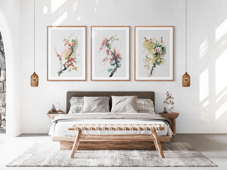 Japanese Watercolor Blossom Wall Art, Printable Set of 3, Ukiyo-e Wall Art, Living Room Art, Above Bed Decor, Digital Print Set, Gallery Set image 2