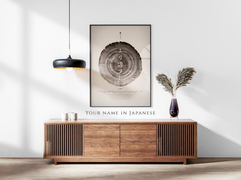 Your Name in Japanese Print, Personalised Custom Name Poster, Mocha Tree Rings Design, Japanese Gift, Katakana Japanese Translation image 1