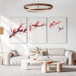 Japanese Sakura Cherry Blossom & Swallow Set of 3 Prints, Ukiyo-e Wall Art, Anime Set, Above Bed Decor, 3 Panel Print Set, Gallery Wall Set image 9