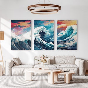 The Great Wave off Kanagawa Reimagined Set of 3 Prints, Modern Ukiyo-e Wall Art, Living Room Art, Above Bed Decor, Triptych Set, Gallery Set image 9