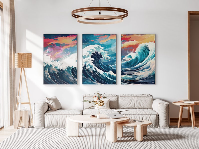 The Great Wave off Kanagawa Reimagined Set of 3 Prints, Modern Ukiyo-e Wall Art, Living Room Art, Above Bed Decor, Triptych Set, Gallery Set image 9