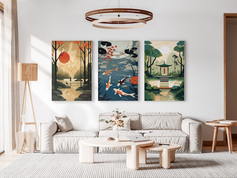 Japanese Koi Fish Zen Garden Set of 3 Prints, Abstract Wall Art, Living Room Art, Above Bed Decor, 3 Panel Print Set, Gallery Wall Set image 9