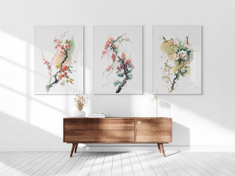 Japanese Watercolor Blossom Wall Art, Printable Set of 3, Ukiyo-e Wall Art, Living Room Art, Above Bed Decor, Digital Print Set, Gallery Set image 1