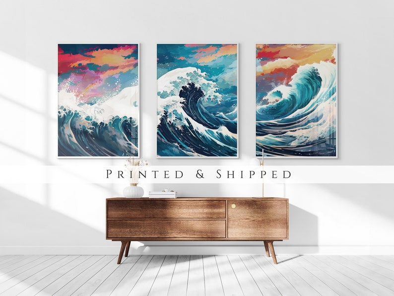 The Great Wave off Kanagawa Reimagined Set of 3 Prints, Modern Ukiyo-e Wall Art, Living Room Art, Above Bed Decor, Triptych Set, Gallery Set image 1