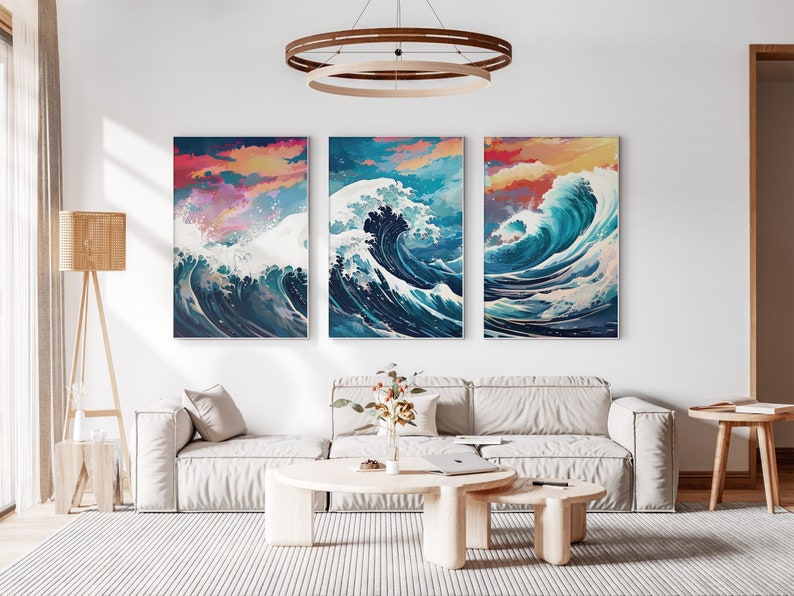 The Great Wave off Kanagawa Reimagined, Printable Set of 3, Modern Ukiyo-e Wall Art, Living Room Decor, Japanese Posters, Triptych Wall Set image 2