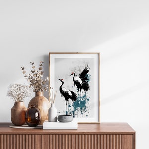 Japanese Cranes Printable Set of 3, Modern Ukiyo-e Wall Art, Living Room Art, Above Bed Decor, Birds Print, Gallery Wall Set image 8