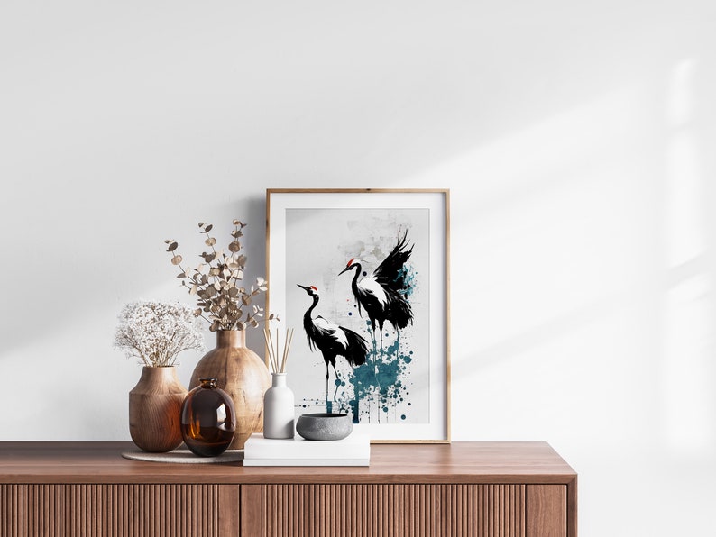 Japanese Cranes Printable Set of 3, Modern Ukiyo-e Wall Art, Living Room Art, Above Bed Decor, Birds Print, Gallery Wall Set image 8