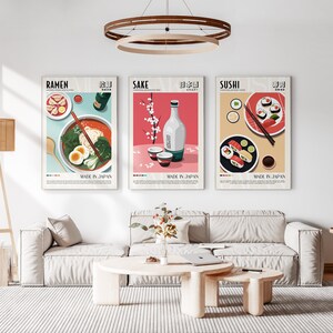 Japanese Cuisine Set of 3 Prints, Sushi, Ramen, Sake, Living Room Art, Kitchen Decor, Retro Japan Food Posters, Japanese Dishes, Gallery Set image 2