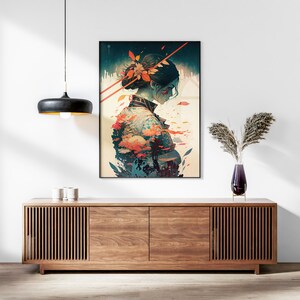 Samurai Warrior Printable Set of 3, Modern Ukiyo-e Wall Art, Living Room Art, Above Bed Decor, Digital Print Set, Gallery Wall Set, Anime image 4