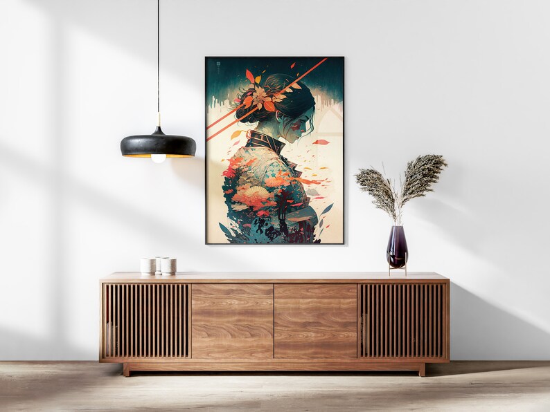 Samurai Warrior Printable Set of 3, Modern Ukiyo-e Wall Art, Living Room Art, Above Bed Decor, Digital Print Set, Gallery Wall Set, Anime image 4