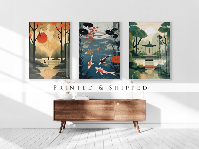 Japanese Koi Fish Zen Garden Set of 3 Prints, Abstract Wall Art, Living Room Art, Above Bed Decor, 3 Panel Print Set, Gallery Wall Set image 1