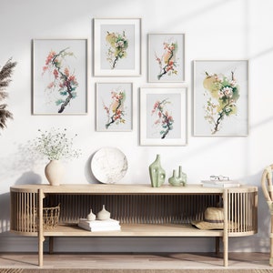 Japanese Watercolor Blossom Wall Art, Printable Set of 3, Ukiyo-e Wall Art, Living Room Art, Above Bed Decor, Digital Print Set, Gallery Set image 3