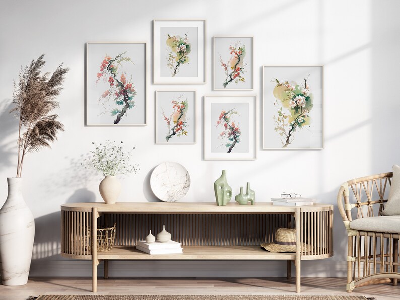 Japanese Watercolor Blossom Wall Art, Printable Set of 3, Ukiyo-e Wall Art, Living Room Art, Above Bed Decor, Digital Print Set, Gallery Set image 3