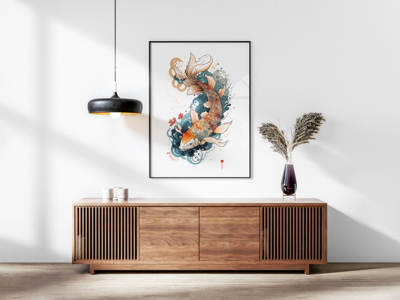 Japanese Koi Fish Set of 3 Prints, Abstract Wall Art, Living Room Art, Above Bed Decor, 3 Panel Print Set, Gallery Wall Set image 2